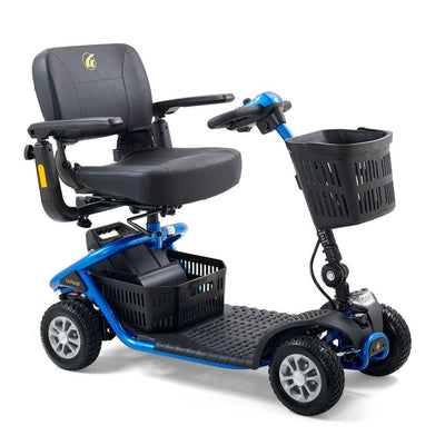 Three-quarter view of the blue Golden LiteRider with four-wheel stability, comfortable seating, a headlight and generous storage.