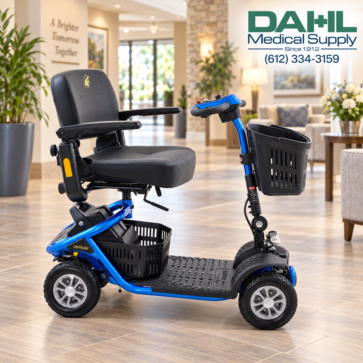 Blue Golden LiteRider 4-wheel mobility scooter displayed in a bright senior living community with the Dahl Medical Supply logo.