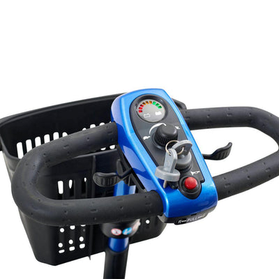 Driver’s view of the LiteRider’s wraparound delta tiller, simple control panel and convenient front storage basket.