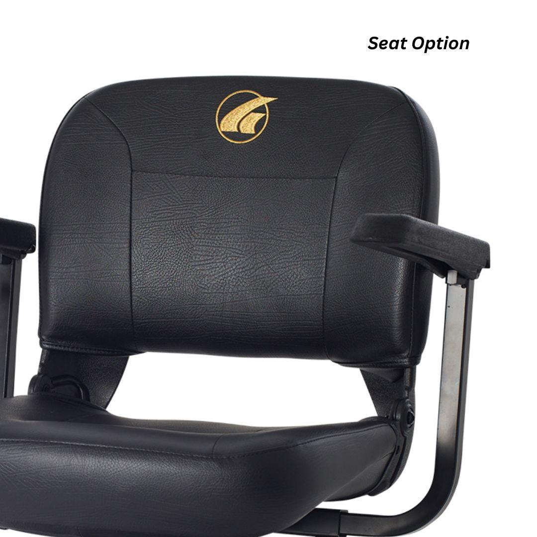 Close-up of an optional black Golden LiteRider seat with a padded backrest, supportive cushioning and adjustable armrests.