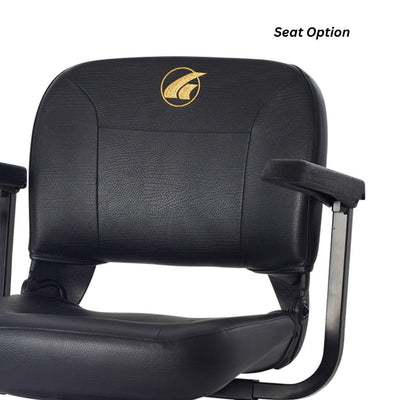 Close-up of an optional black Golden LiteRider seat with a padded backrest, supportive cushioning and adjustable armrests.