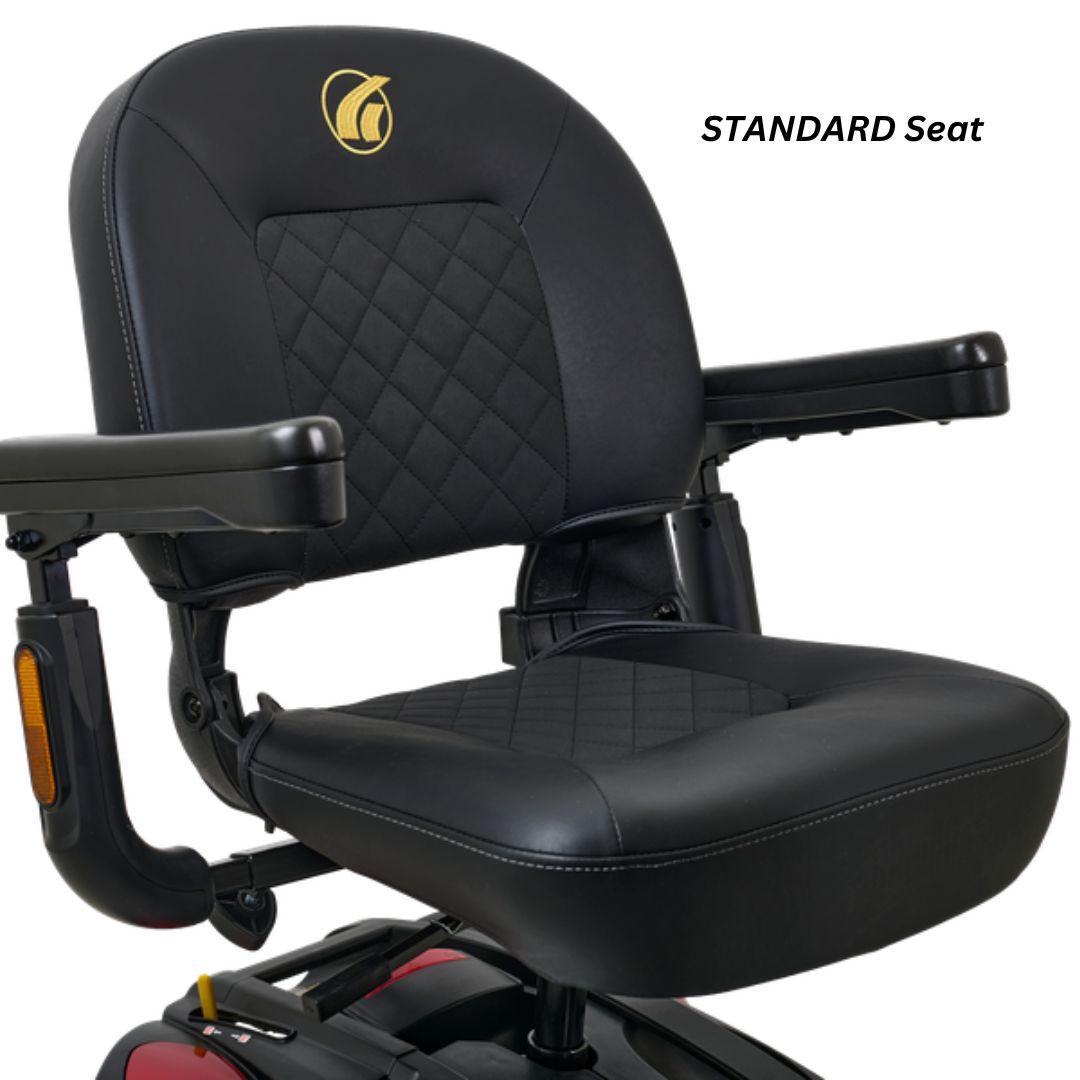 Close-up of the LiteRider’s standard black padded seat with a supportive backrest and adjustable armrests.