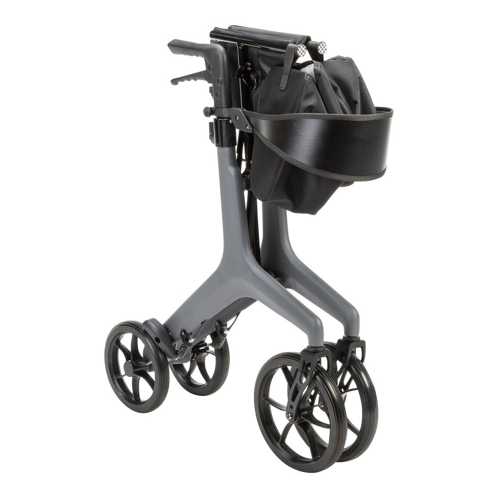 Grey AeroCarbon rollator folded inward, showing its compact frame with the handles, backrest, storage bag, and wheels brought together.