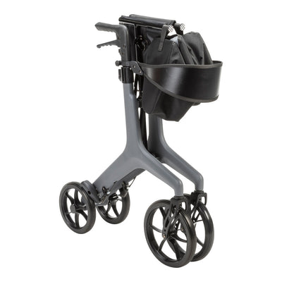Grey AeroCarbon rollator folded inward, showing its compact frame with the handles, backrest, storage bag, and wheels brought together.