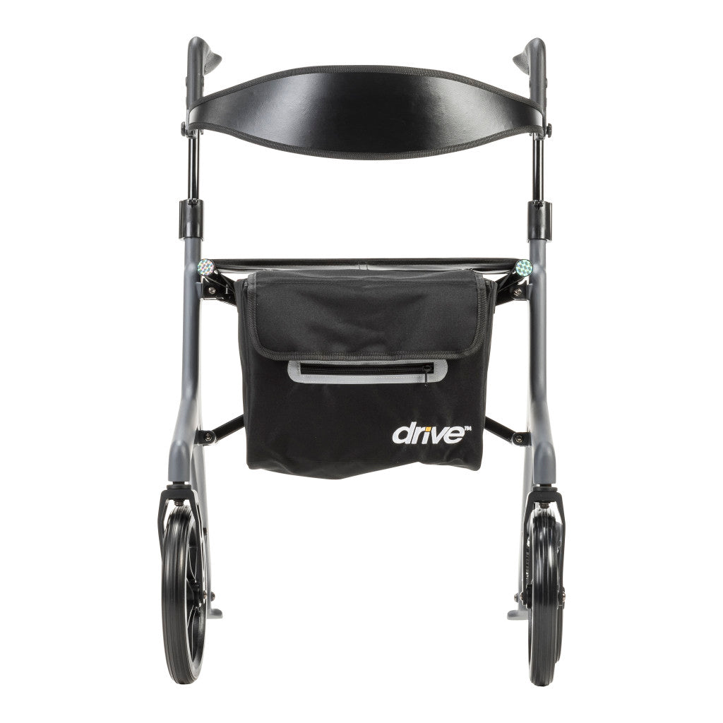 Front view of the grey AeroCarbon rollator with a curved black backrest and storage bag featuring the Drive logo.