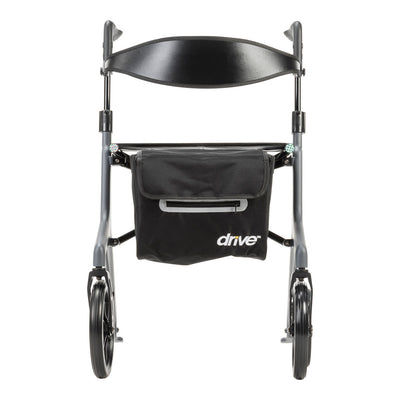 Front view of the grey AeroCarbon rollator with a curved black backrest and storage bag featuring the Drive logo.