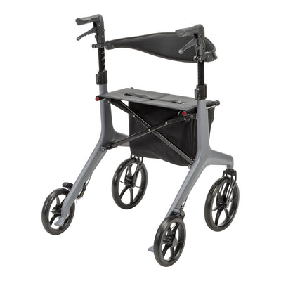 Rear angled view of the grey AeroCarbon rollator showing the seat, folding crossbars, hand brakes, and storage bag beneath the seat.