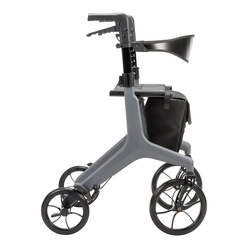 Side view of the grey AeroCarbon rollator showing its frame, seat, black backrest, storage bag, and wheels.