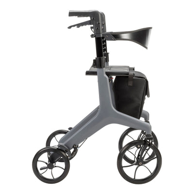 Side view of the grey AeroCarbon rollator showing its frame, seat, black backrest, storage bag, and wheels.