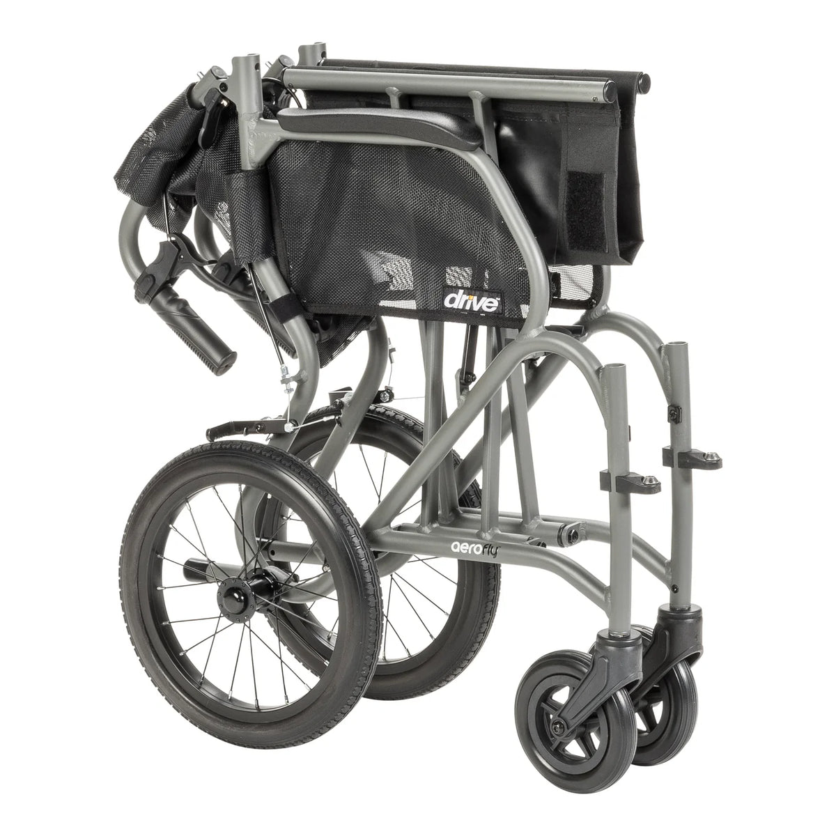 Grey AeroFly transport wheelchair folded into a narrow profile with the backrest lowered and wheels attached.