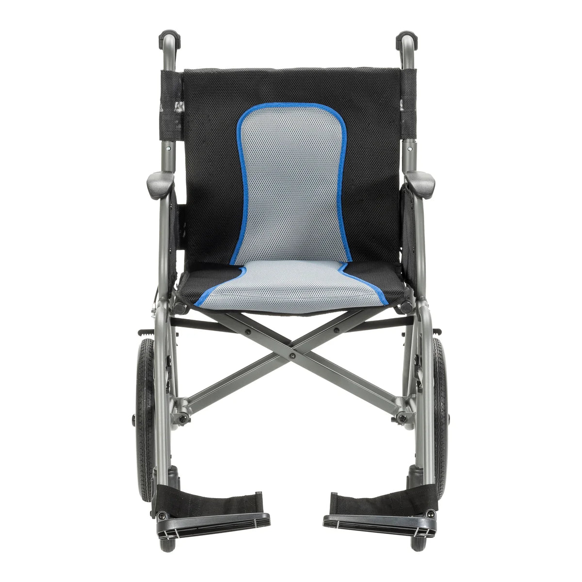 Front view of the grey AeroFly transport wheelchair showing blue-trimmed seat and back upholstery, padded armrests, and footrests.