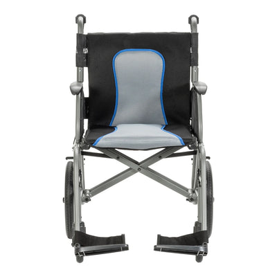 Front view of the grey AeroFly transport wheelchair showing blue-trimmed seat and back upholstery, padded armrests, and footrests.
