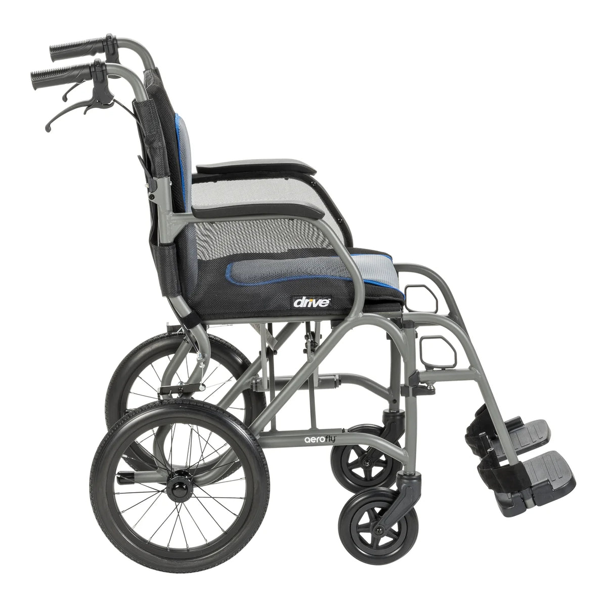 Side view of the grey AeroFly transport wheelchair showing padded armrests, mesh side panels, caregiver handles, wheels, and footrests.