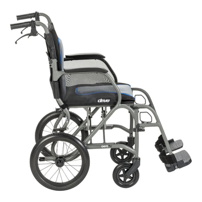 Side view of the grey AeroFly transport wheelchair showing padded armrests, mesh side panels, caregiver handles, wheels, and footrests.