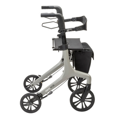 Side view of the grey AeroWalk rollator highlighting its handles, brake levers, seat, storage bag, and four-wheel design.