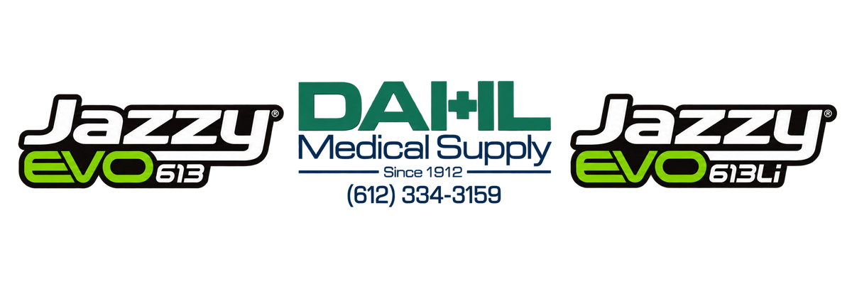 Dahl Medical Supply logo centered between the Jazzy EVO 613 logo on the left and Jazzy EVO 613Li logo on the right, on a transparent background.