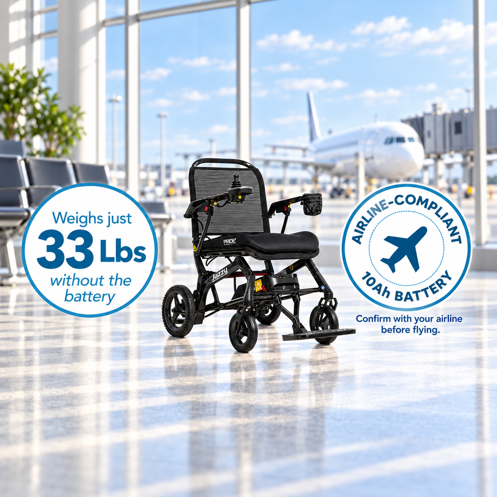 Black Pride Jazzy Ultra Light power wheelchair in a bright airport terminal with badges showing its 33-pound weight without battery and airline-compliant 10Ah battery, plus a reminder to confirm with the airline before flying.