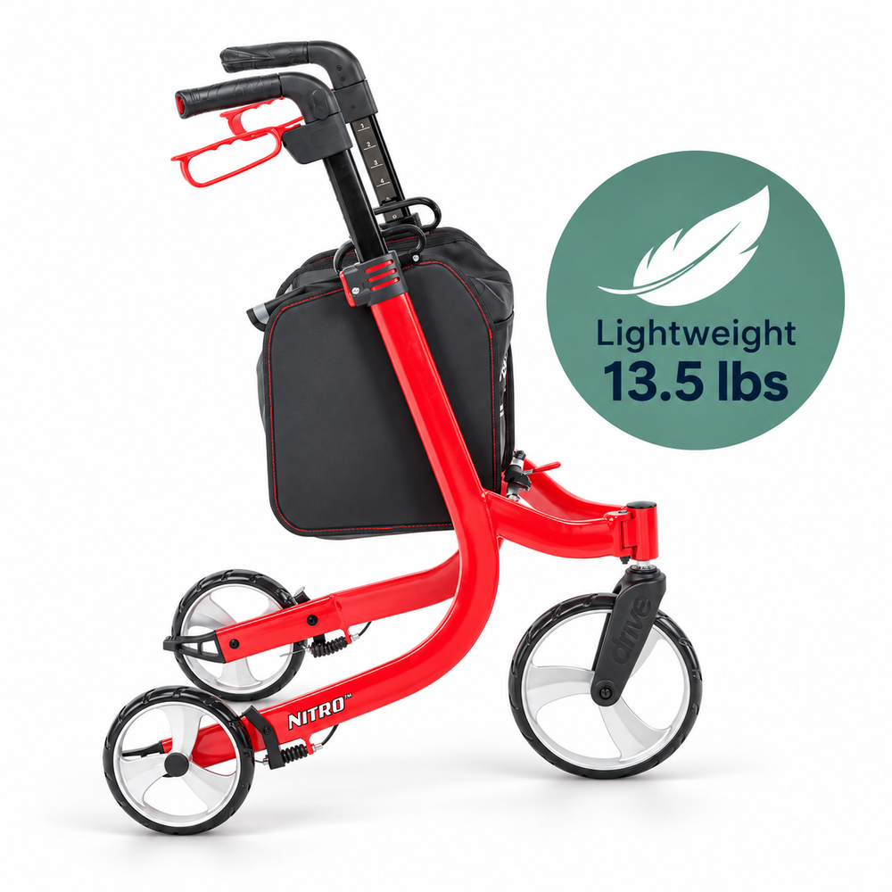 Red Drive Nitro 3-Wheel Rollator with a black storage bag beside a Dahl-green circular feather badge displaying “Lightweight 13.5 lbs.”