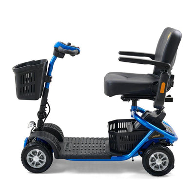 Full side view of the blue Golden LiteRider highlighting its roomy floorboard, supportive seat and stable four-wheel design.