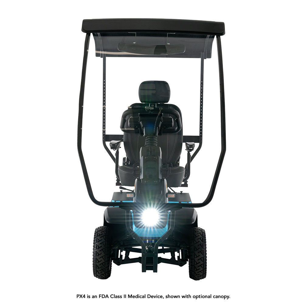 Front view of the Pride PX4 equipped with an optional canopy and bright LED headlight.