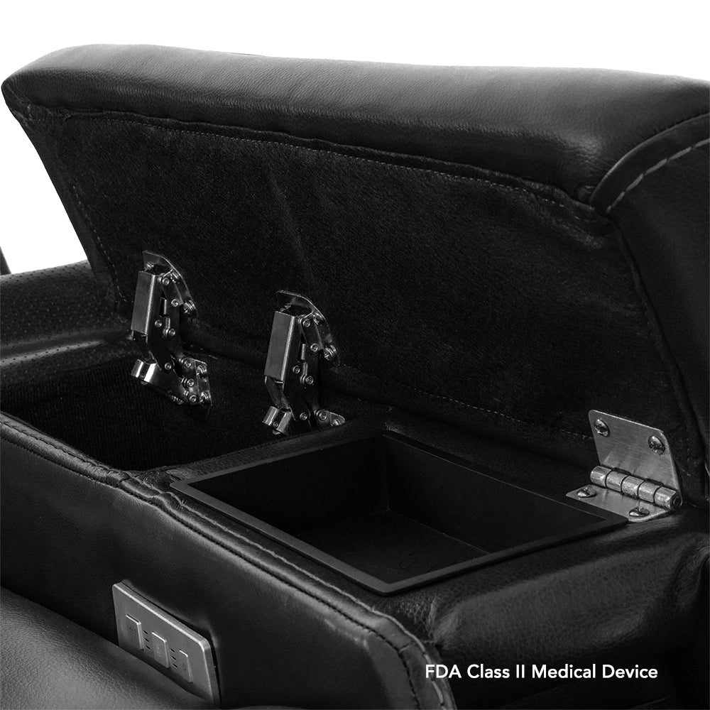 Close-up of the VivaLift Premier PLR-5900 built-in armrest storage compartment for keeping remotes, personal items and everyday essentials nearby.