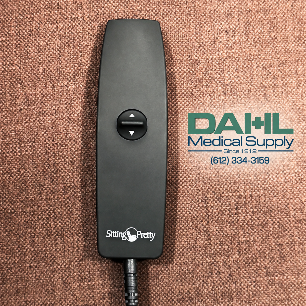 Simple two-button hand control for the Pride Genesis LC-150 lift chair, shown with the Dahl Medical Supply logo and contact information.