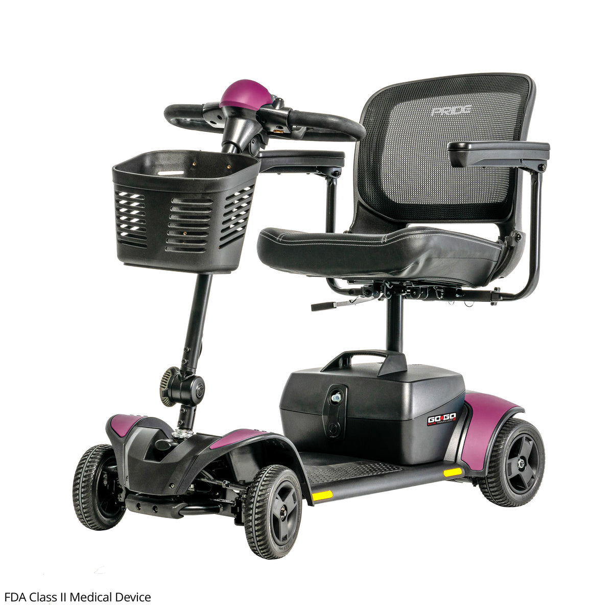 Front three-quarter view of the Pride Go Go Elite Traveller 2 mobility scooter in Sugar Plum highlighting its front basket, mesh seatback, EZ Turn Technology, and durable four-wheel design.