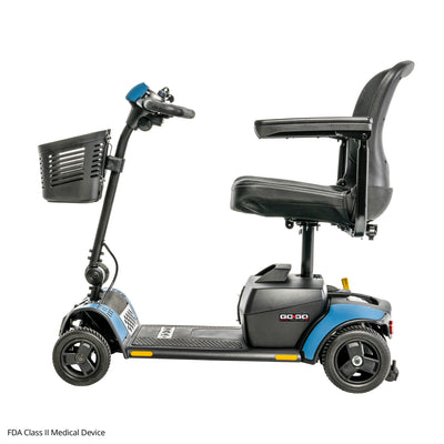 Side profile of the Pride Go Go Elite Traveller 2 travel scooter in Iceberg Blue with EZ Turn Technology, front basket, and comfortable seating.