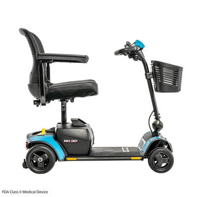 Opposite side view of the Pride Go Go Elite Traveller 2 mobility scooter in Robin's Egg Blue featuring a compact design, adjustable tiller, and padded seat.