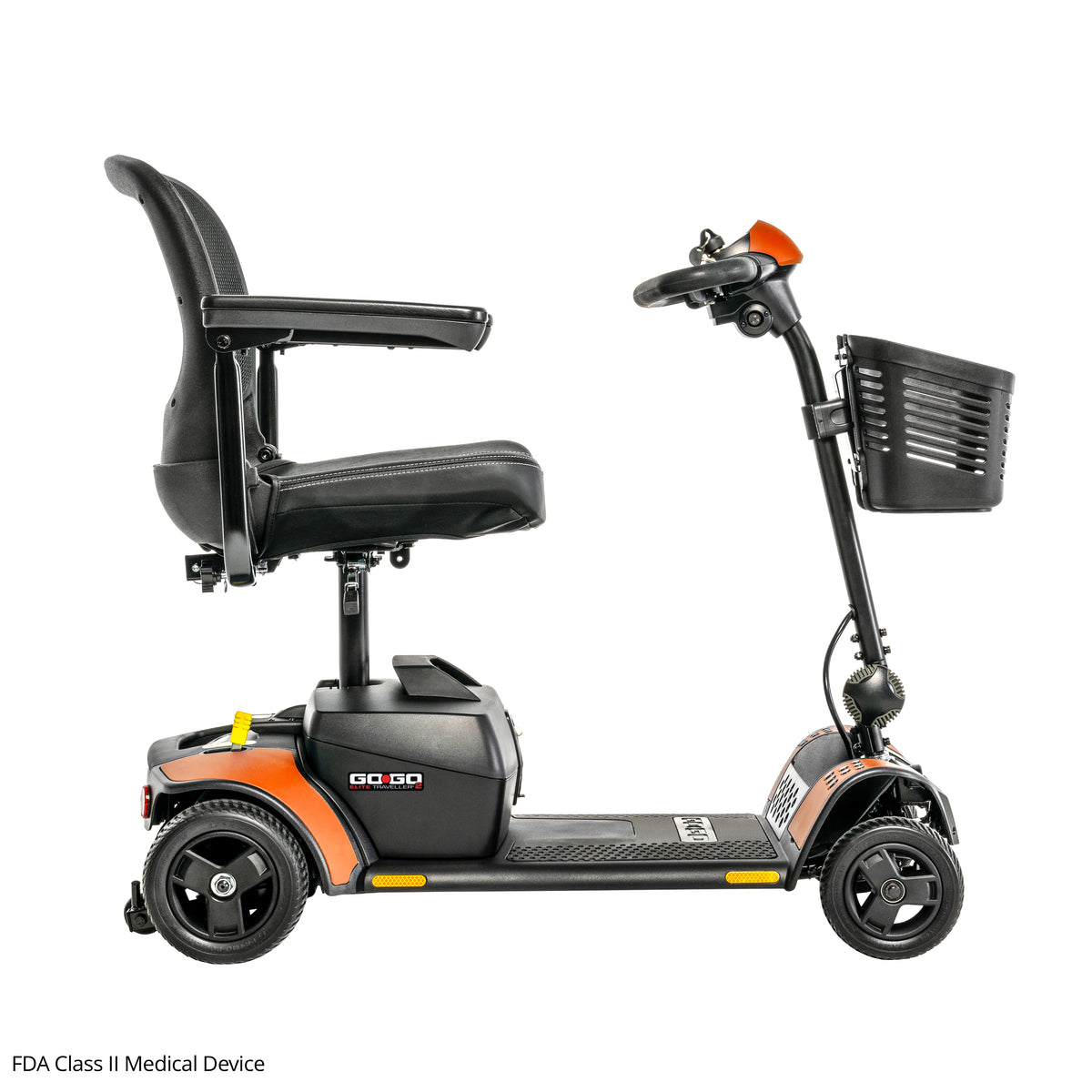 Opposite side view of the Pride Go Go Elite Traveller 2 mobility scooter in Tangerine featuring a compact design, adjustable tiller, and padded seat.
