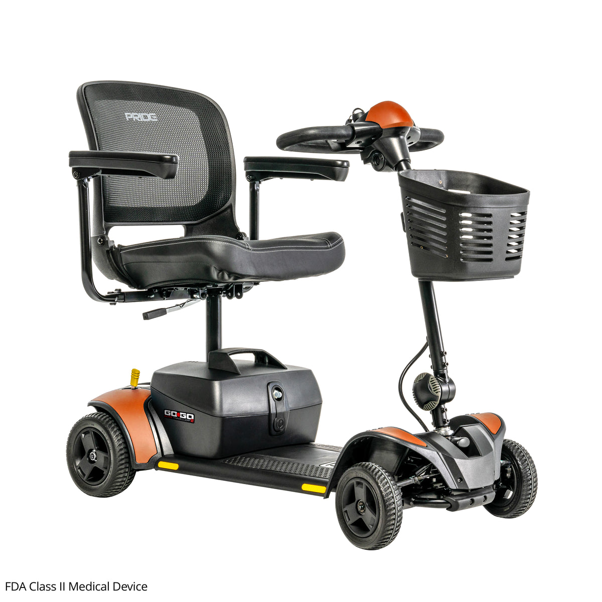 Three-quarter front view of the Pride Go Go Elite Traveller 2 travel scooter in Tangerine showcasing its stable four-wheel design, ergonomic controls, and front storage basket.