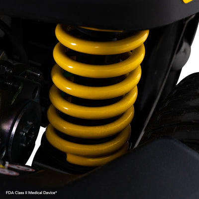 Heavy-duty front suspension on the Go Go Endurance Li provides a smoother, more comfortable ride over uneven terrain.