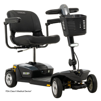 Front three-quarter view of the Grey Pride Go Go Endurance Li mobility scooter with a comfortable seat, front basket, LED headlight, and long-range lithium battery.
