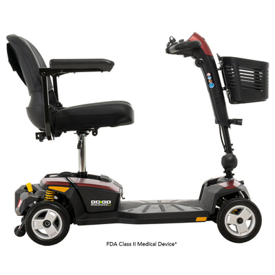 Full side profile of the Pride Go Go Endurance Li showcasing its spacious foot platform, adjustable seat, and sleek travel-ready design.