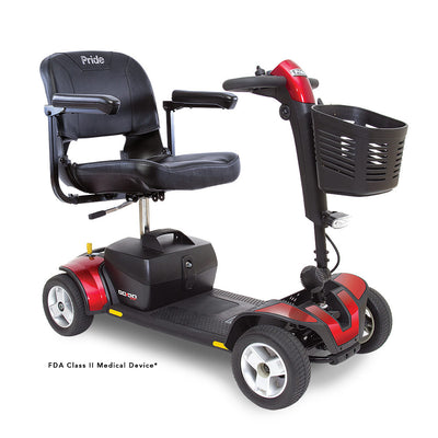 Full view of the Pride Go Go Sport 4-wheel mobility scooter with adjustable seat, front basket, and easy-to-operate controls.