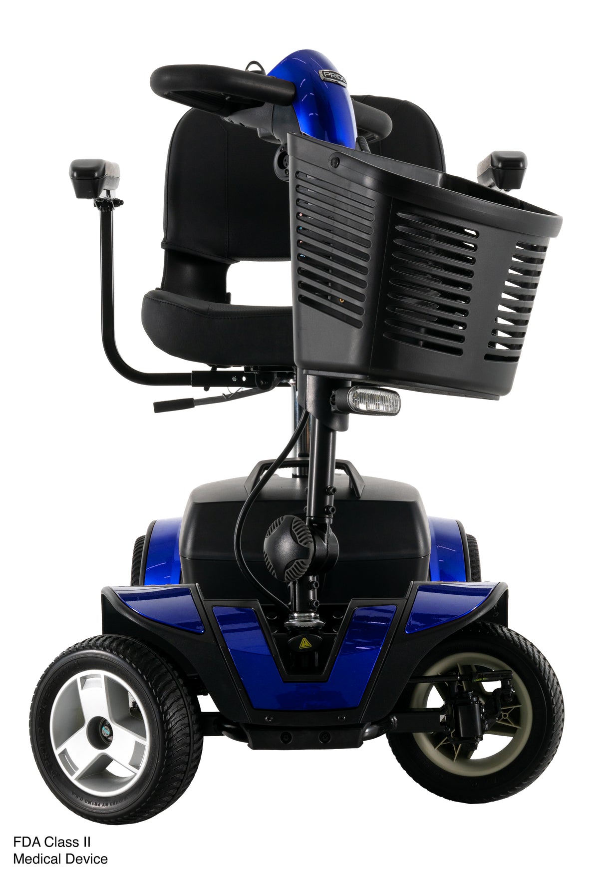 Front view of the blue Pride Go Go Sport scooter featuring a spacious basket, comfortable seat, and enhanced stability.