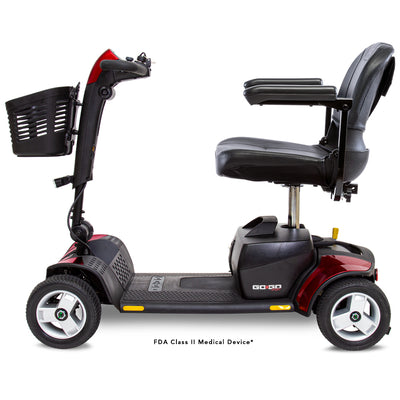 Side profile of the Pride Go Go Sport scooter highlighting its spacious foot platform, adjustable seat, and travel-friendly design.