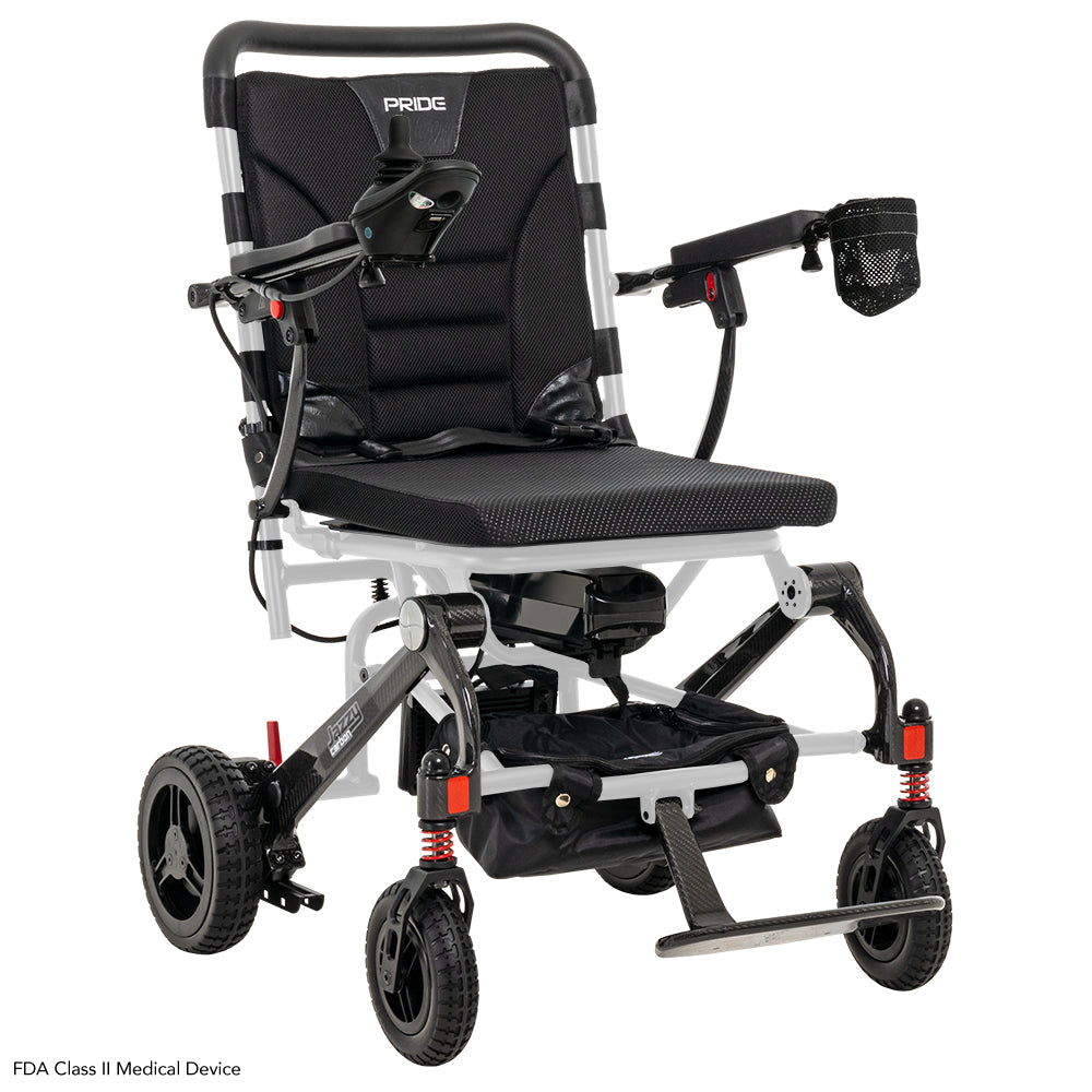 Front view of the Pride Jazzy Carbon, white lightweight folding power wheelchair.