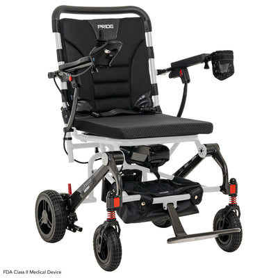 Front view of the Pride Jazzy Carbon, white lightweight folding power wheelchair.