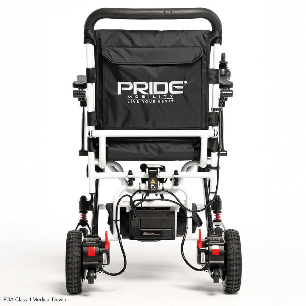 Rear view of the Pride Jazzy Carbon lightweight folding power wheelchair showcasing its compact design.