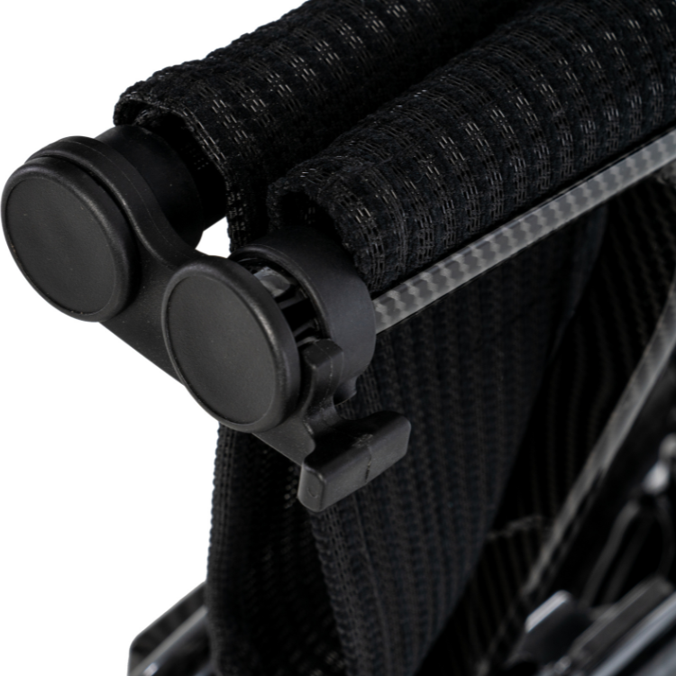 Secure folding lock mechanism keeps the Pride Jazzy Carbon 27X compact and stable during transport and storage.