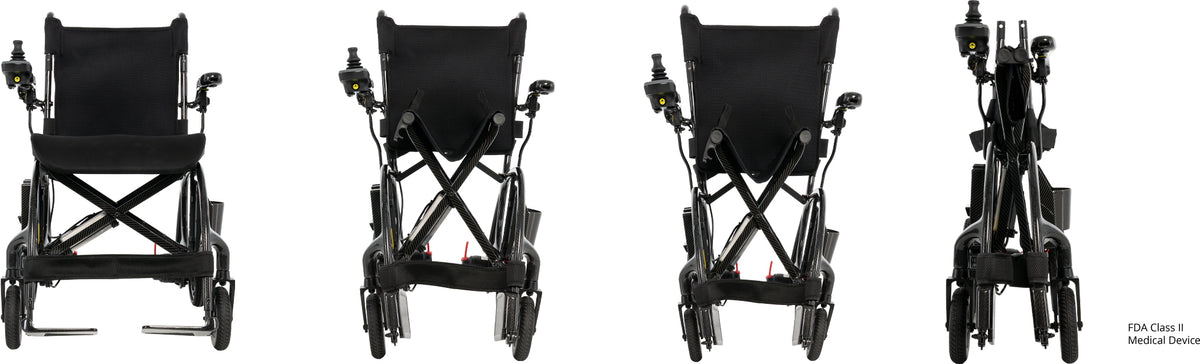 Pride Jazzy Carbon 27X power wheelchair shown through the folding process, transitioning from an open chair to a compact shape for transport and storage.