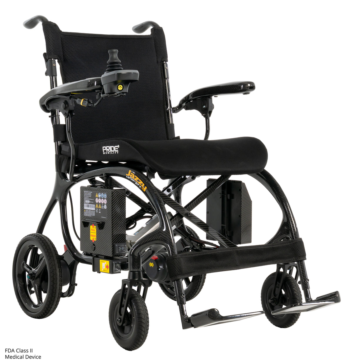 Front angle view featuring the comfortable seat, joystick controller, and foldable footplate.