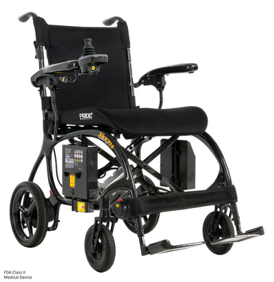 Front angle view featuring the comfortable seat, joystick controller, and foldable footplate.
