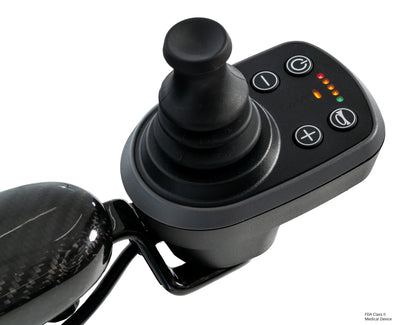 Close-up of the intuitive joystick with speed and battery indicators.