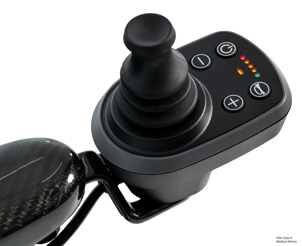 Close-up of the intuitive joystick with speed and battery indicators.