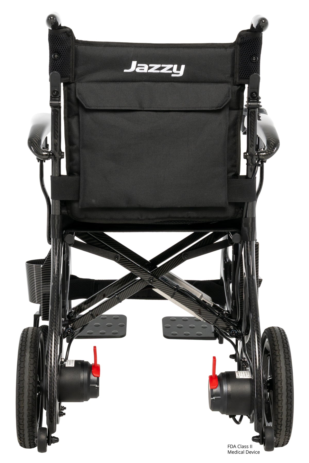 Rear view of the Jazzy Carbon 27X showcasing dual motors, back pocket, and compact frame design.