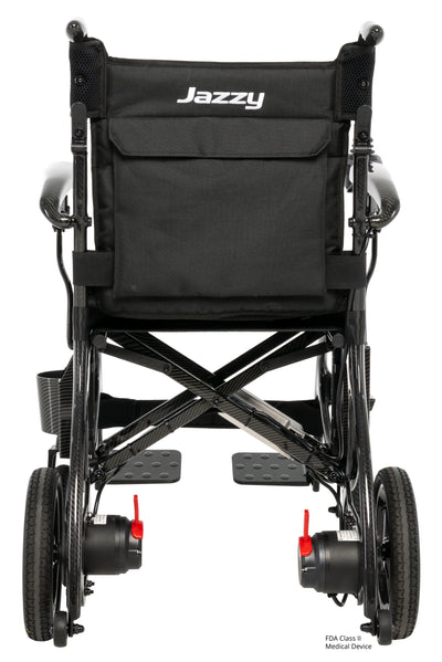 Rear view of the Jazzy Carbon 27X showcasing dual motors, back pocket, and compact frame design.
