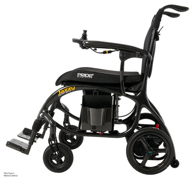 Side view of the lightweight Pride Jazzy Carbon 27X power chair with carbon fiber frame and removable battery.