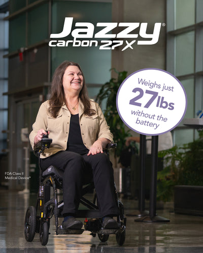 The Jazzy Carbon 27X weighs just 27 pounds without the battery, making travel and transport easier than ever.